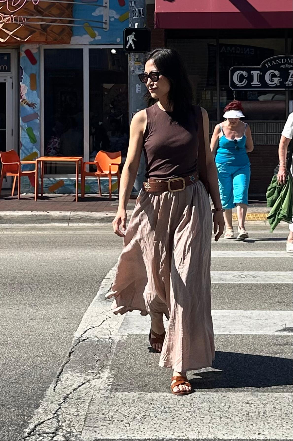 Pas de Calais Cupro Blend Cherry Blossom Botanical Dyed Glossy Midi Skirt